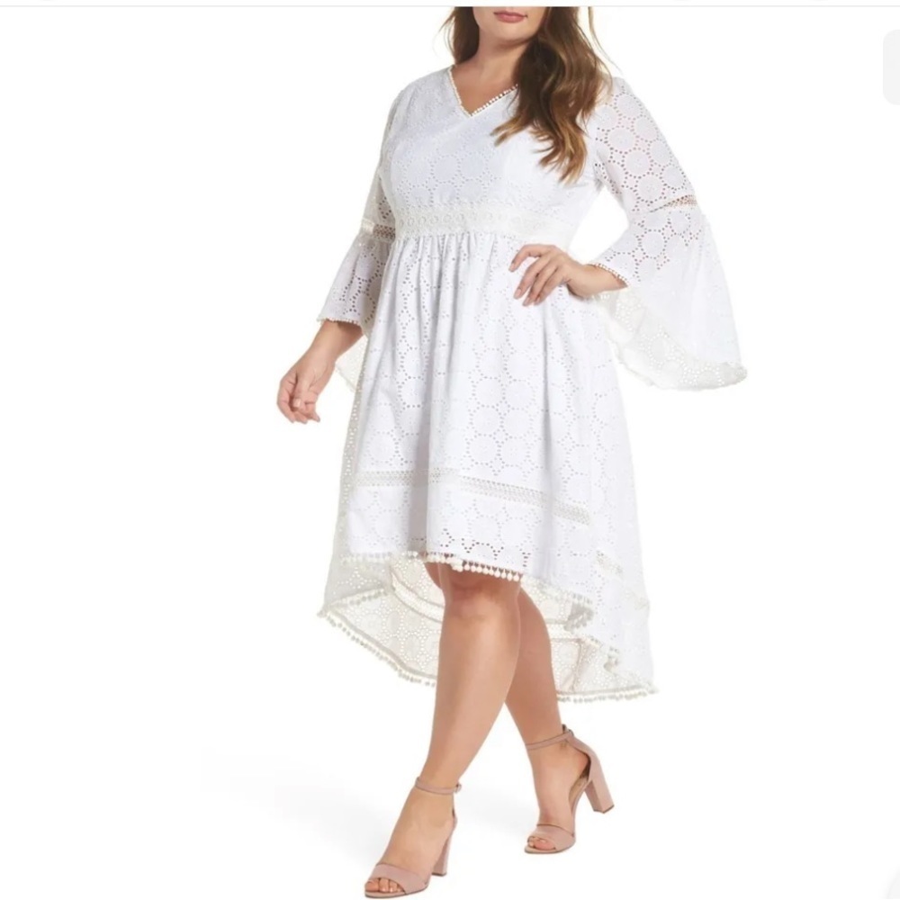 Eliza J Bell Sleeve High Low Eyelet Midi Dress 20w